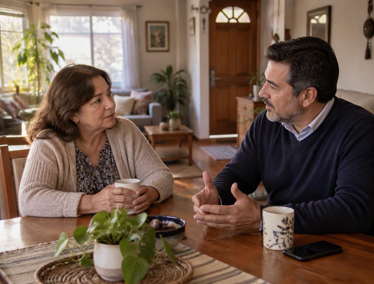 Una mujer mayor conversa tranquilamente sobre sus documentos en la mesa de su casa