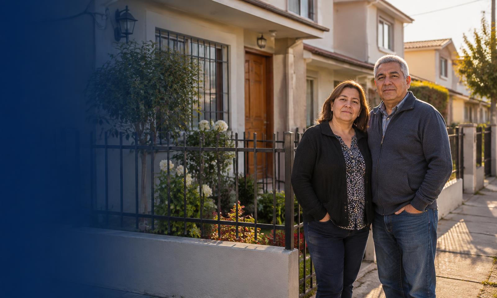 Familia junto a una pareja mayor frente a su casa de barrio